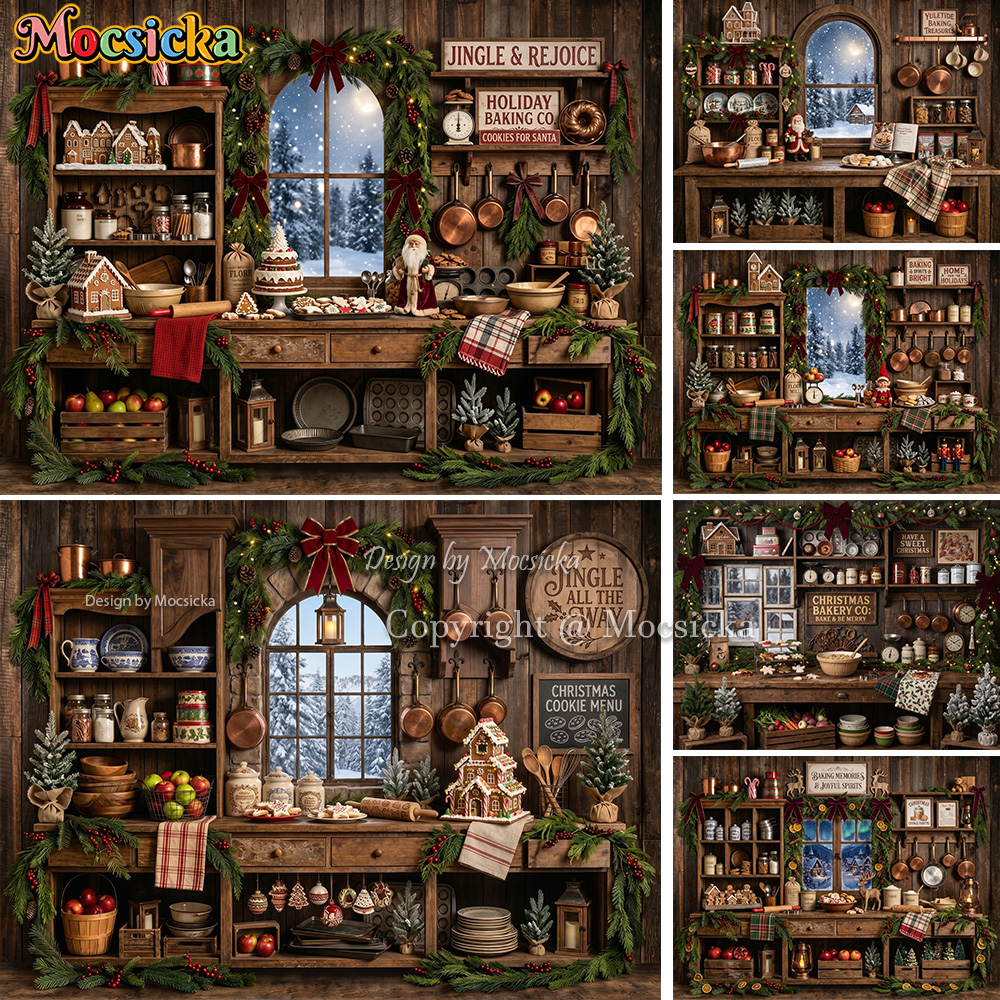 Kitchen Baking Background - Mocsicka Christmas Rustic Kitchen Backdrop Photography