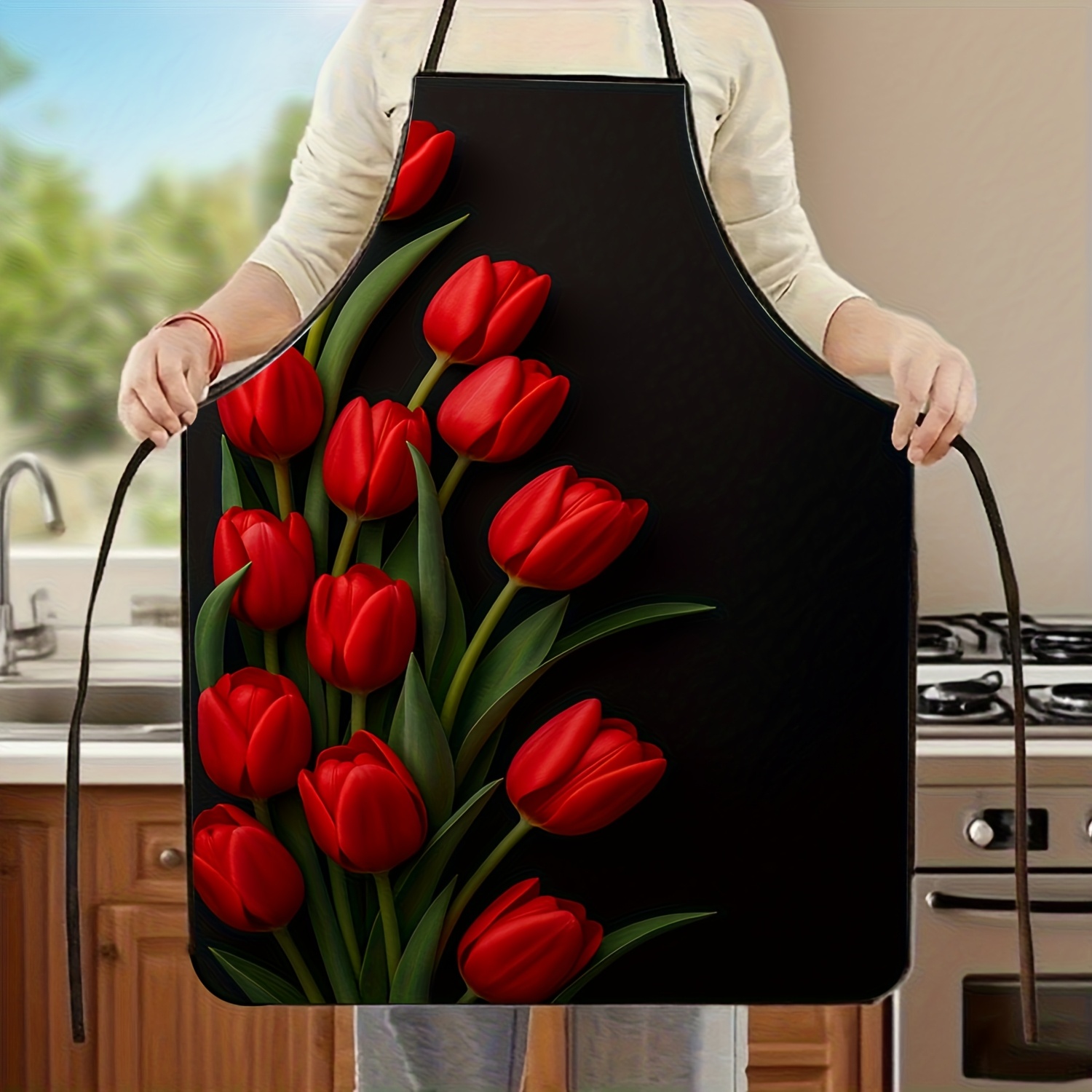 1pc Red Tulip Flower Apron Bla - Kitchen Baking Background reseña y precio
