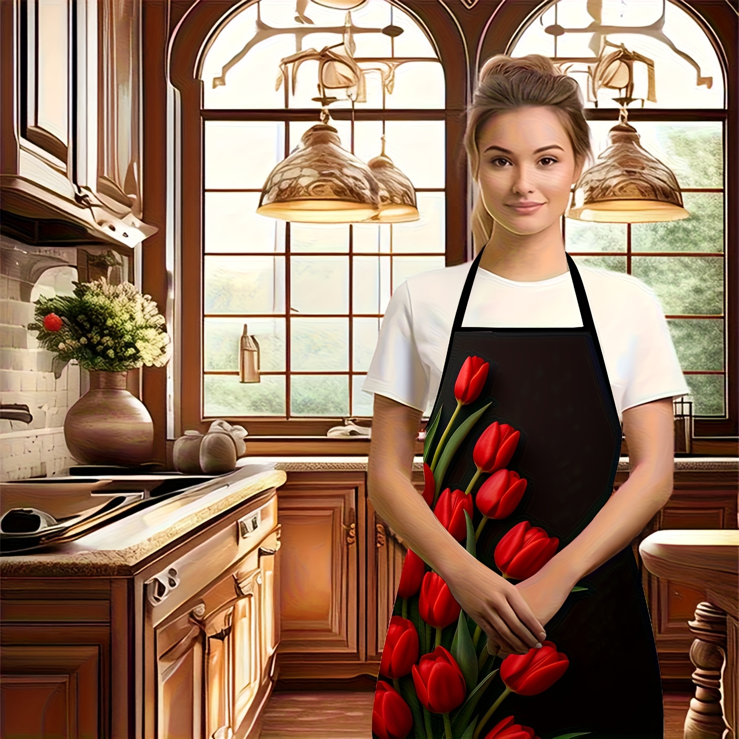 1pc Red Tulip Flower Apron Bla - Kitchen Baking Background reseña y precio