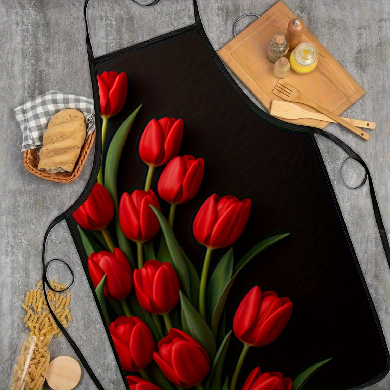 1pc Red Tulip Flower Apron Bla - Kitchen Baking Background reseña y precio